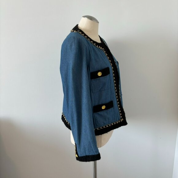 Elegant Blue Blazer with Black Trim and Gold Buttons - Picture 2 of 6